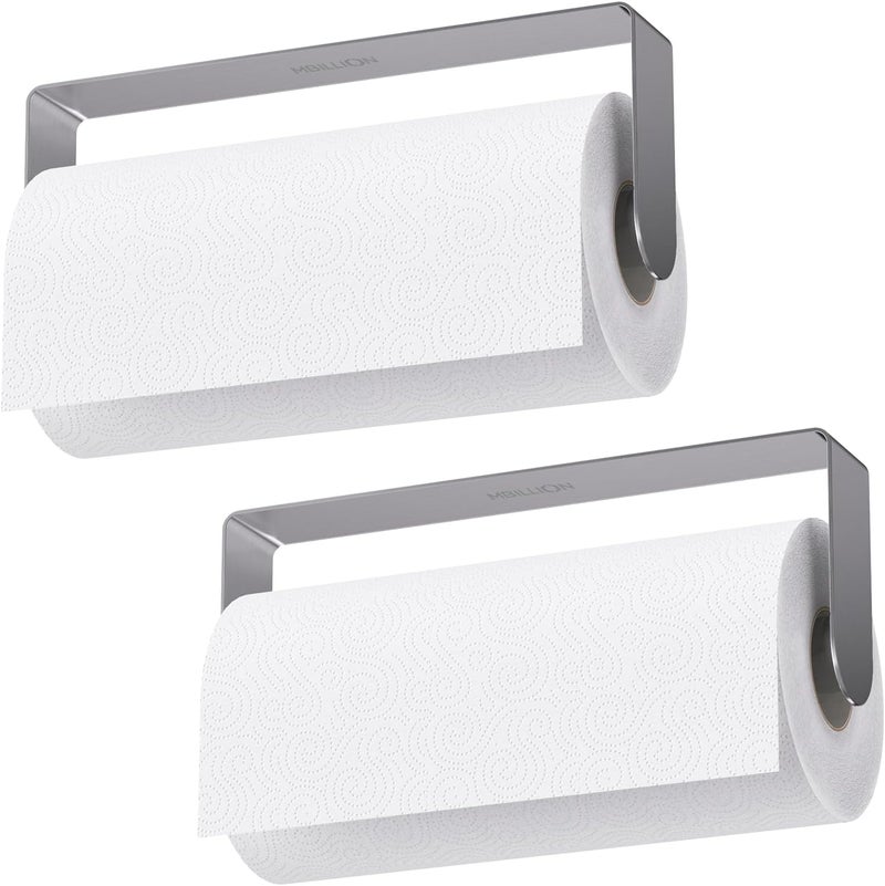 Mbillion Kitchen Paper Towel Holder Under Cabinet Wall Mount and Self-Adhesive Paper Towel Rack Premium Grade SUS304 Stainless Steel Brushed Silver, 2 Pack - Image 1